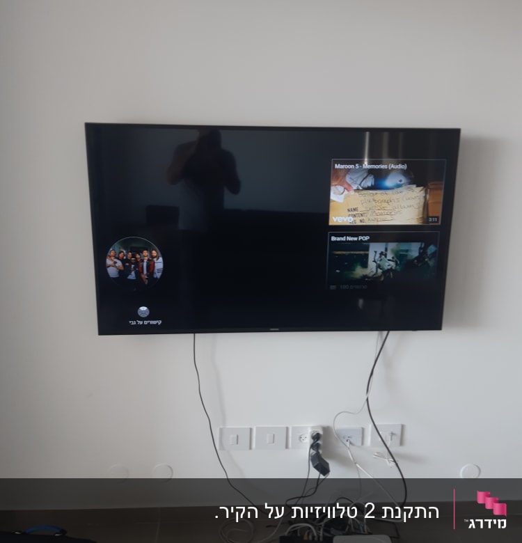 טלוויזיה תלויה על קיר עם כבלים חשמליים מחוברים